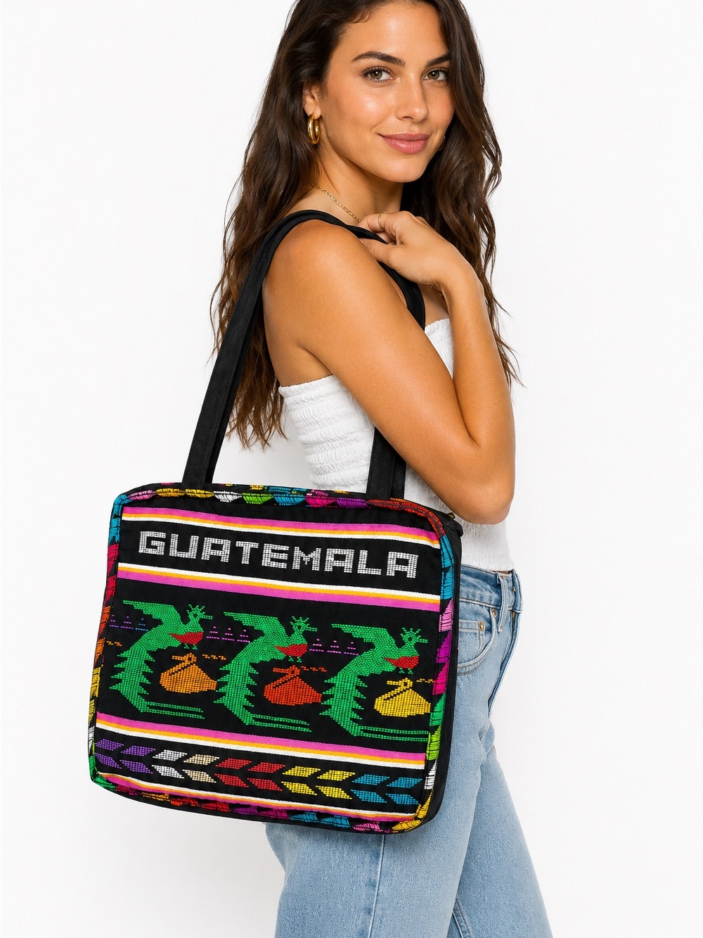 Vintage Guatemala Woven Tote Bag Boho Festival Artisan Shoulder Bag